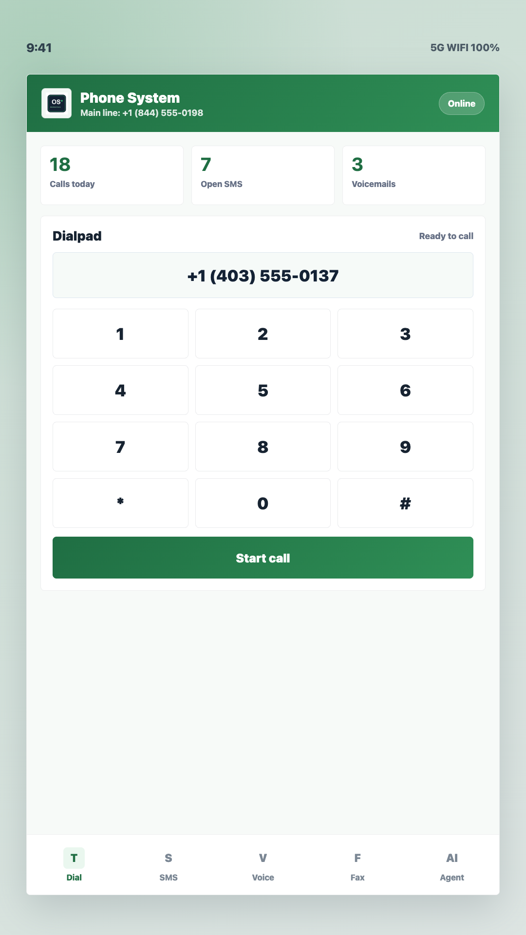 OfficeSpaces phone dashboard showing the dialpad, messages and voicemail navigation